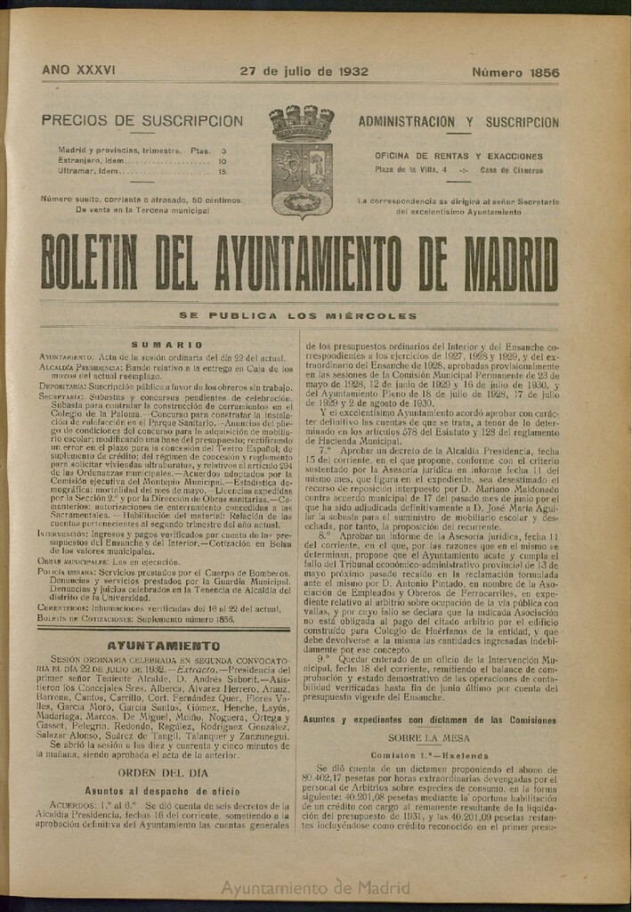 Miniatura de Boletín Oficial del Ayuntamiento de Madrid del 27 de julio de 1932, nº 1856