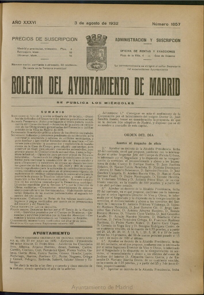 Miniatura de Boletín Oficial del Ayuntamiento de Madrid del 3 de agosto de 1932, nº 1857
