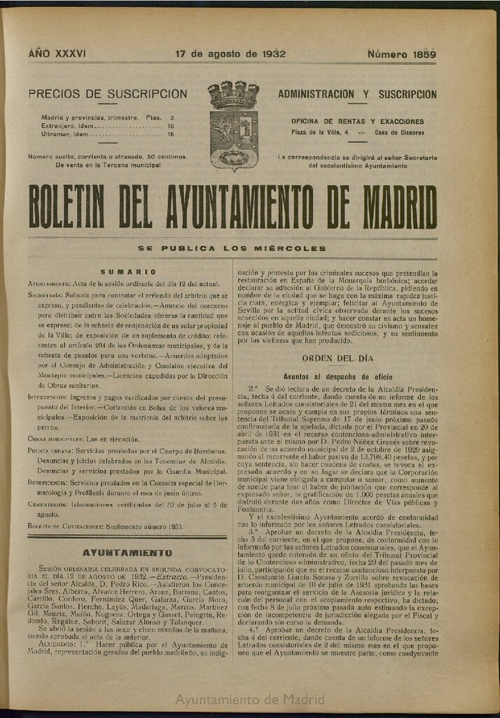 Miniatura de Boletín Oficial del Ayuntamiento de Madrid del 17 de agosto de 1932, nº 1859