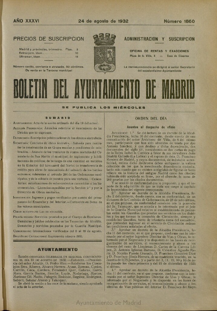 Miniatura de Boletín Oficial del Ayuntamiento de Madrid del 24 de agosto de 1932, nº 1860