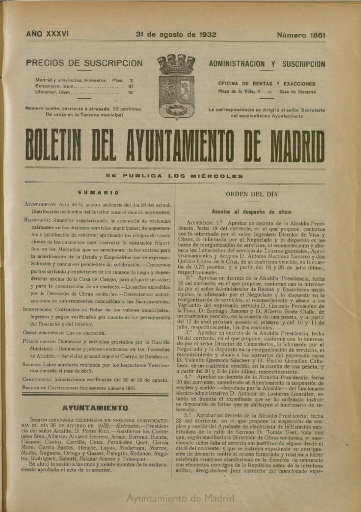 Miniatura de Boletín Oficial del Ayuntamiento de Madrid del 31 de agosto de 1932, nº 1861