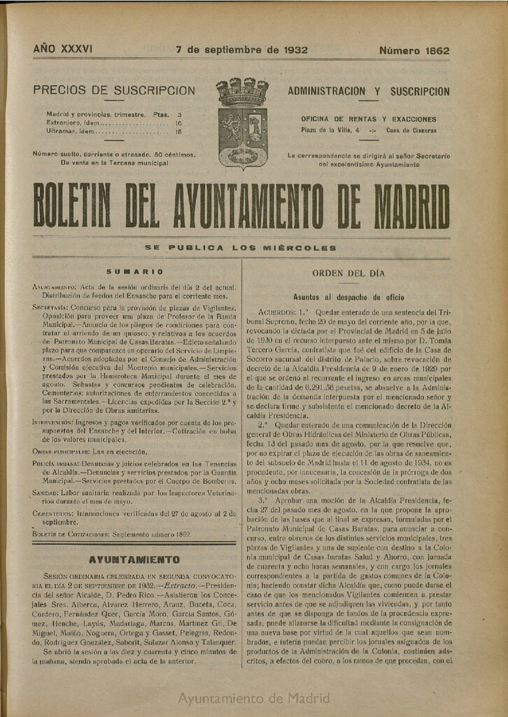 Miniatura de Boletín Oficial del Ayuntamiento de Madrid del 7 de septiembre de 1932, nº 1862