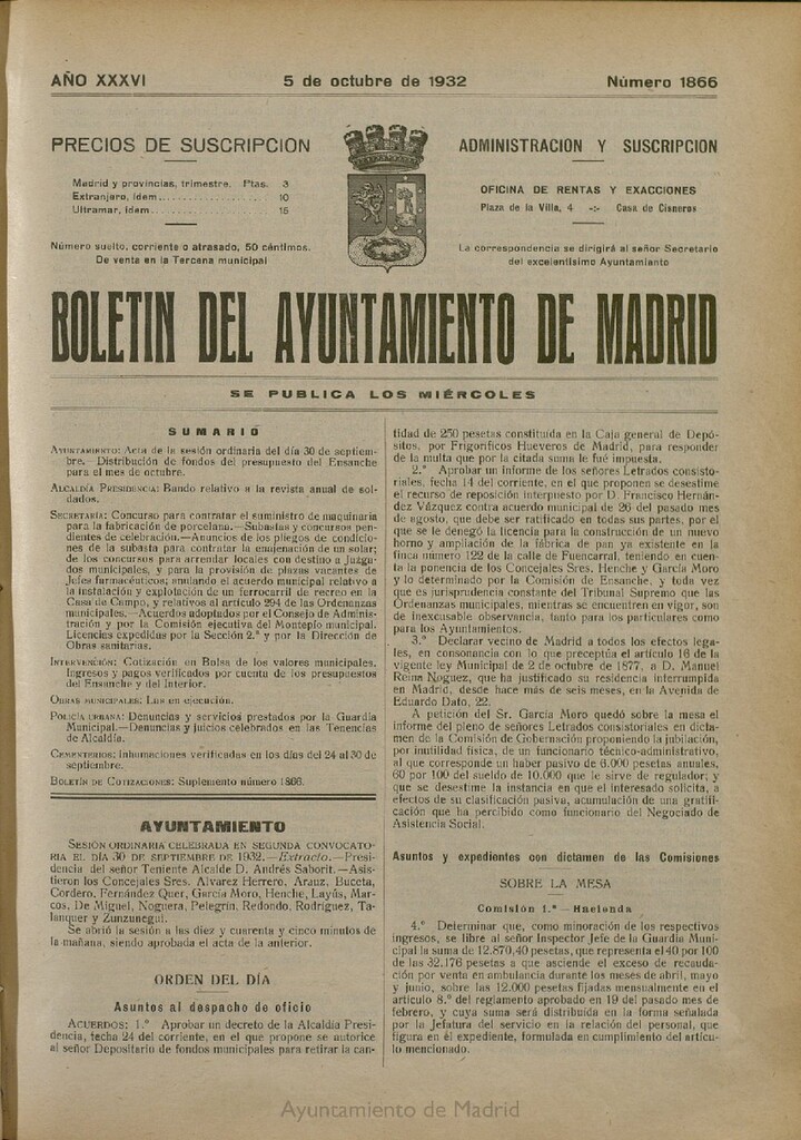 Miniatura de Boletín Oficial del Ayuntamiento de Madrid del 5 de octubre de 1932, nº 1866
