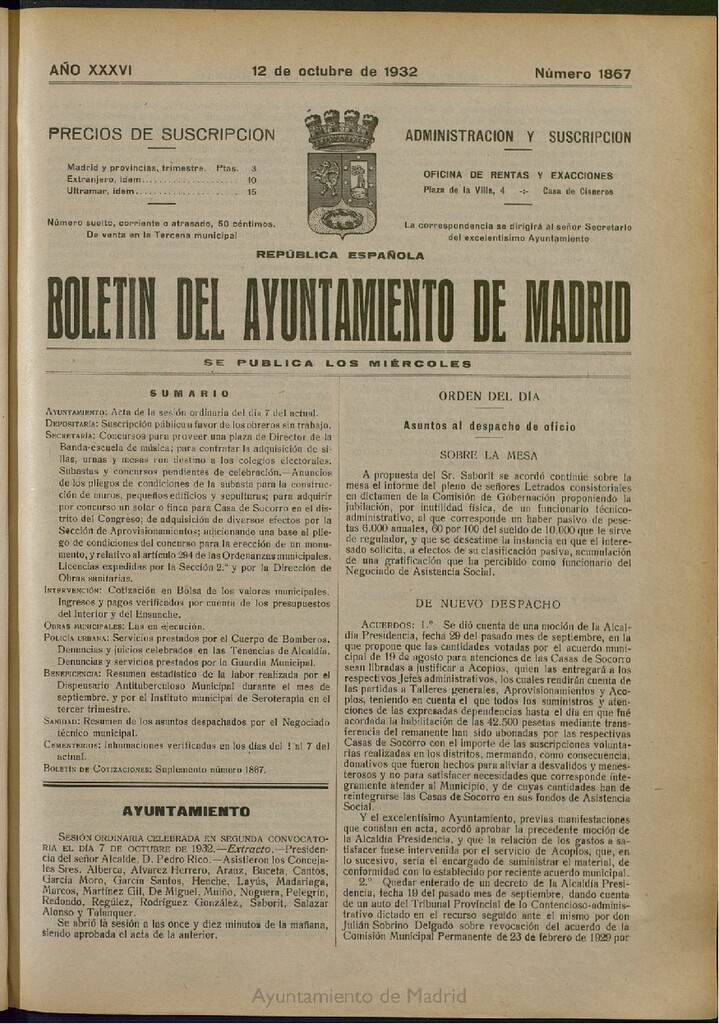 Miniatura de Boletín Oficial del Ayuntamiento de Madrid del 12 de octubre de 1932, nº 1867