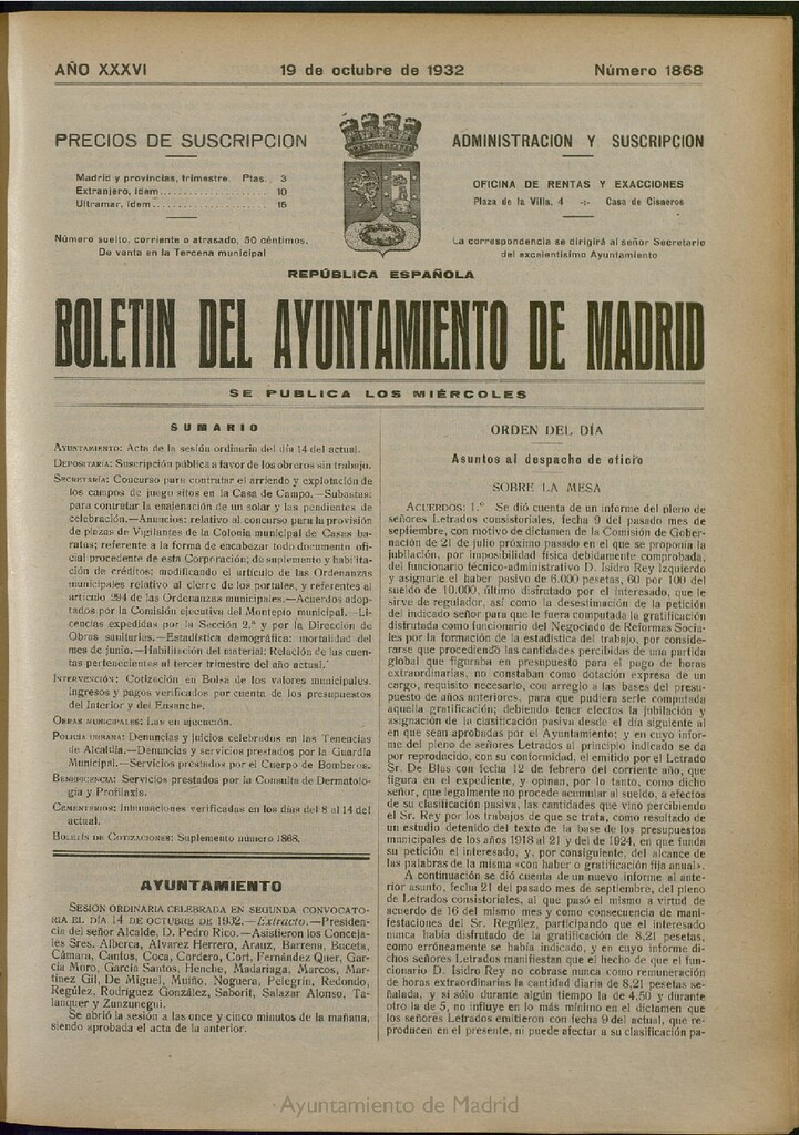 Miniatura de Boletín Oficial del Ayuntamiento de Madrid del 19 de octubre de 1932, nº 1868