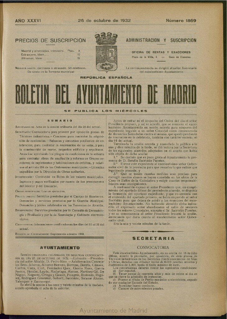 Miniatura de Boletín Oficial del Ayuntamiento de Madrid del 26 de octubre de 1932, nº 1869