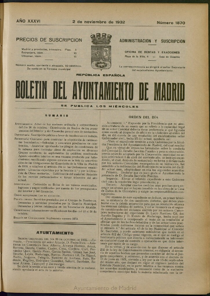 Miniatura de Boletín Oficial del Ayuntamiento de Madrid del 2 de noviembre de 1932, nº 1870