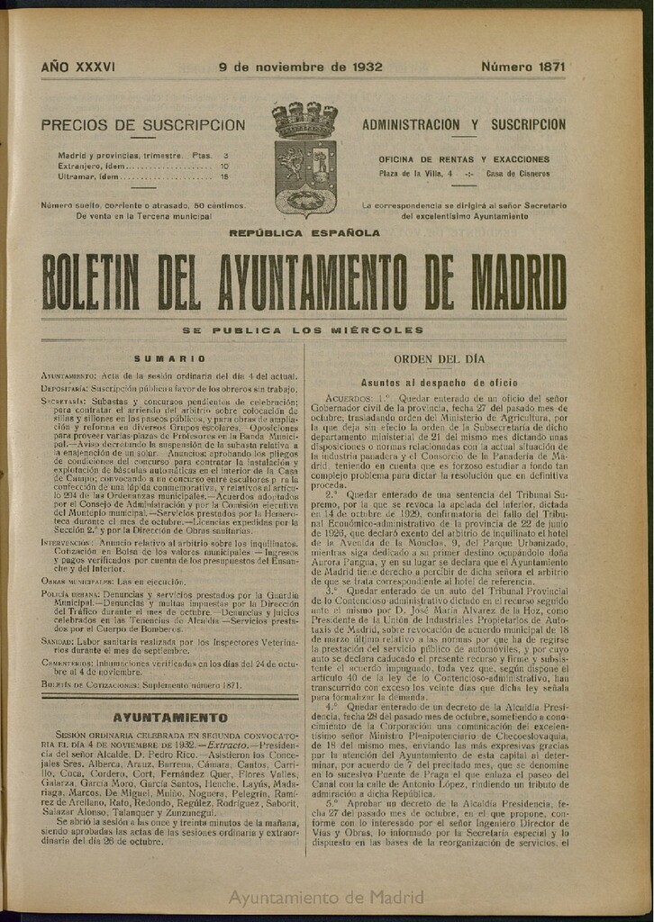 Miniatura de Boletín Oficial del Ayuntamiento de Madrid del 9 de noviembre de 1932, nº 1871