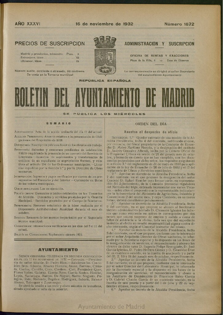 Miniatura de Boletín Oficial del Ayuntamiento de Madrid del 16 de noviembre de 1932, nº 1872