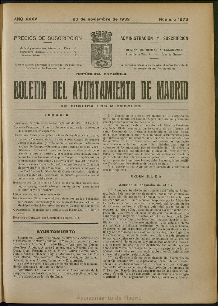 Miniatura de Boletín Oficial del Ayuntamiento de Madrid del 23 de noviembre de 1932, nº 1873