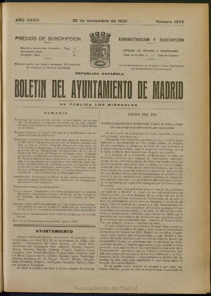 Miniatura de Boletín Oficial del Ayuntamiento de Madrid del 30 de noviembre de 1932, nº 1874