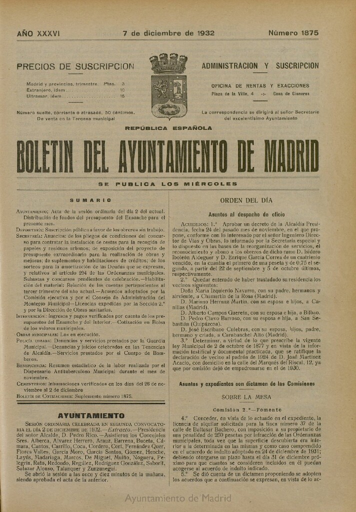 Miniatura de Boletín Oficial del Ayuntamiento de Madrid del 7 de diciembre de 1932, nº 1875