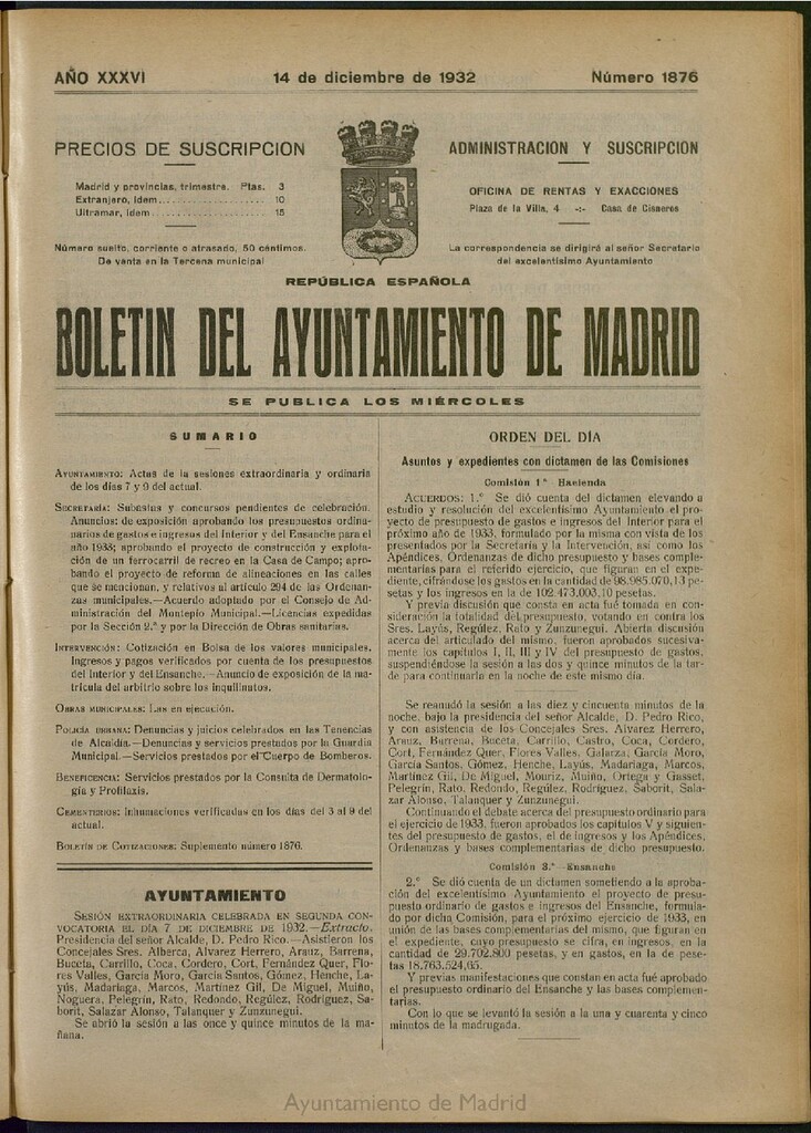 Miniatura de Boletín Oficial del Ayuntamiento de Madrid del 14 de diciembre de 1932, nº 1876