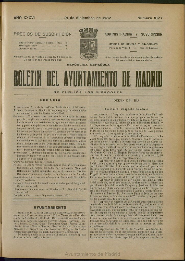 Miniatura de Boletín Oficial del Ayuntamiento de Madrid del 21 de diciembre de 1932, nº 1877