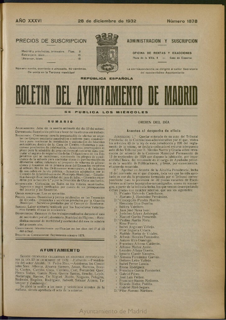 Miniatura de Boletín Oficial del Ayuntamiento de Madrid del 28 de diciembre de 1932, nº 1878