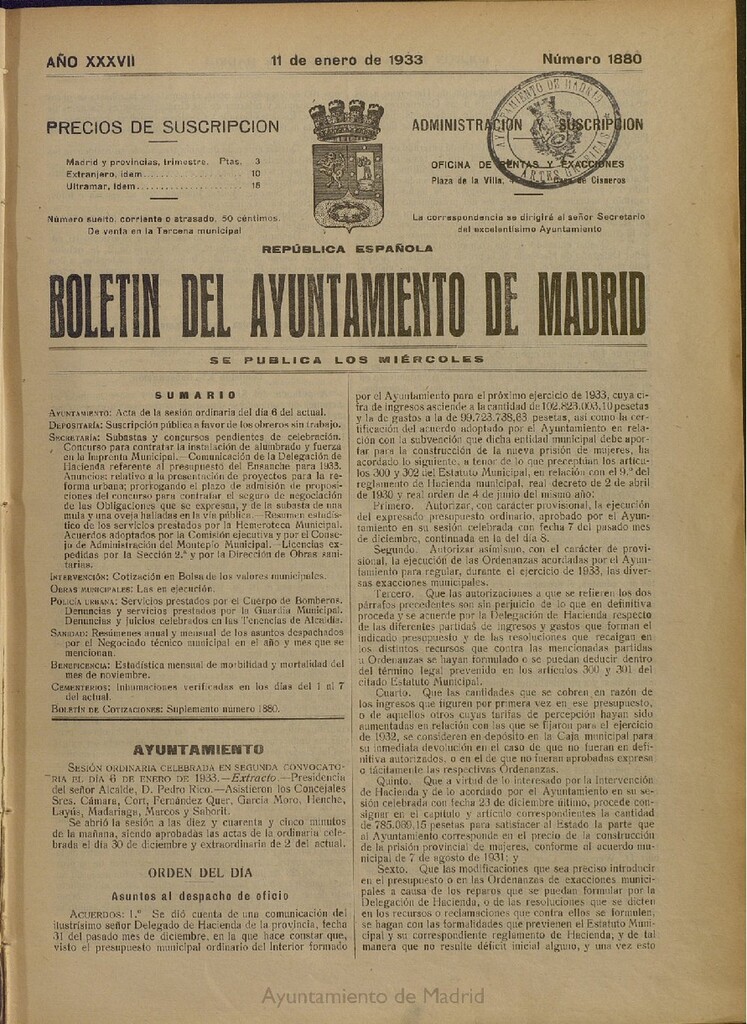 Miniatura de Boletín Oficial del Ayuntamiento de Madrid del 11 de enero de 1933, nº 1880