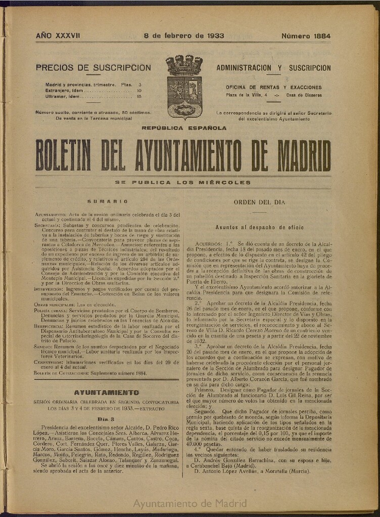 Miniatura de Boletín Oficial del Ayuntamiento de Madrid del 8 de febrero de 1933, nº 1884