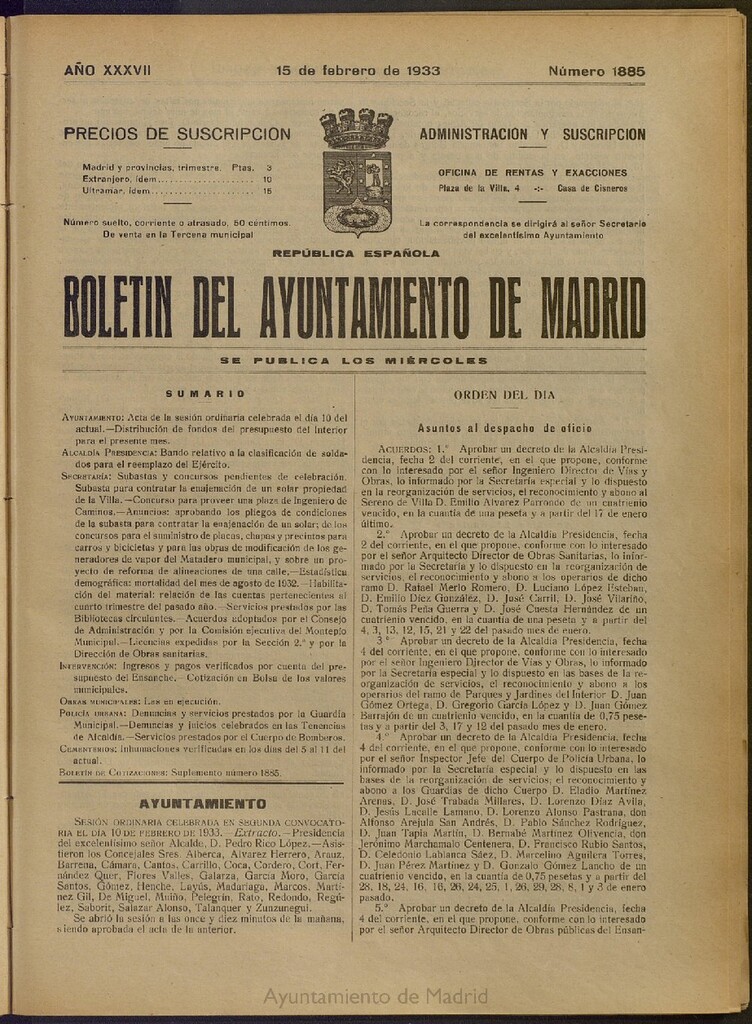 Miniatura de Boletín Oficial del Ayuntamiento de Madrid del 15 de febrero de 1933, nº 1885
