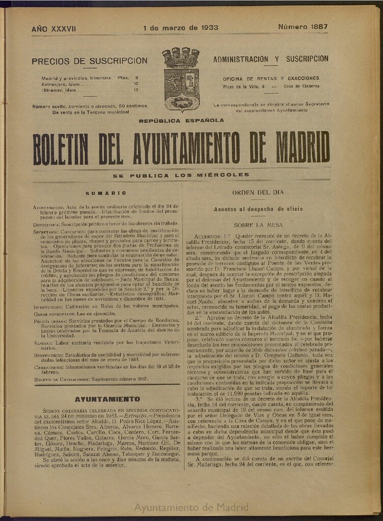 Miniatura de Boletín Oficial del Ayuntamiento de Madrid del 1 de marzo de 1933, nº 1887