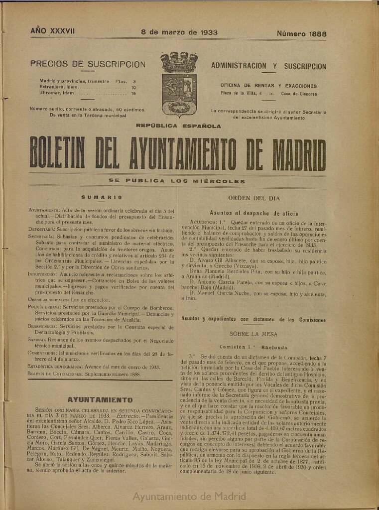 Miniatura de Boletín Oficial del Ayuntamiento de Madrid del 8 de marzo de 1933, nº 1888