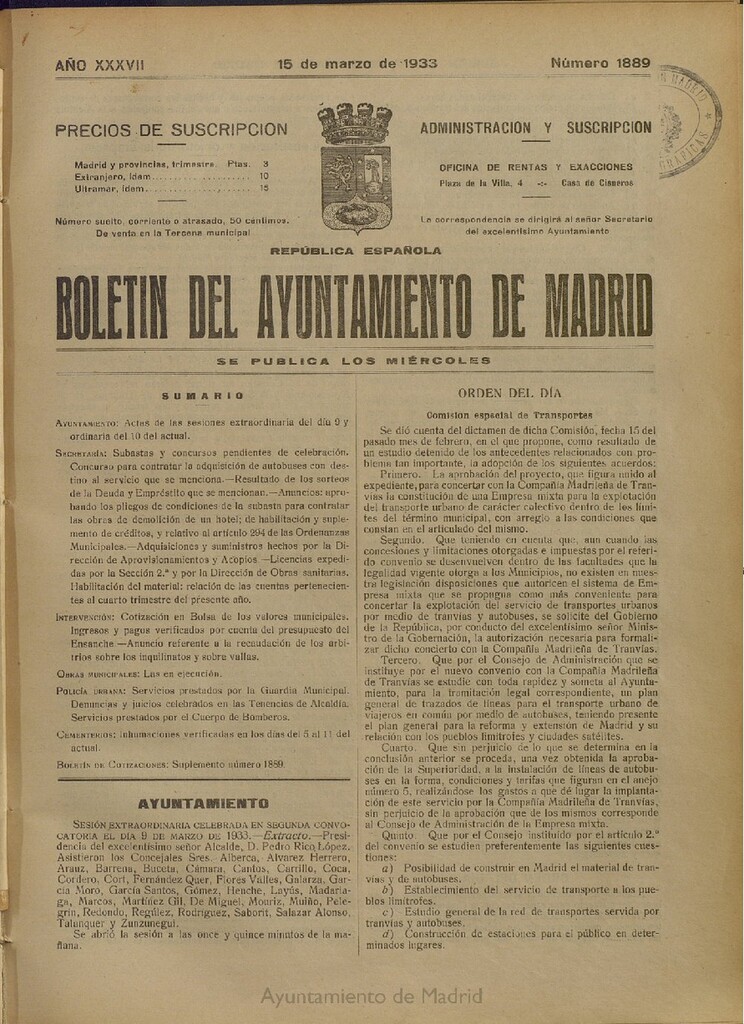 Miniatura de Boletín Oficial del Ayuntamiento de Madrid del 15 de marzo de 1933, nº 1889