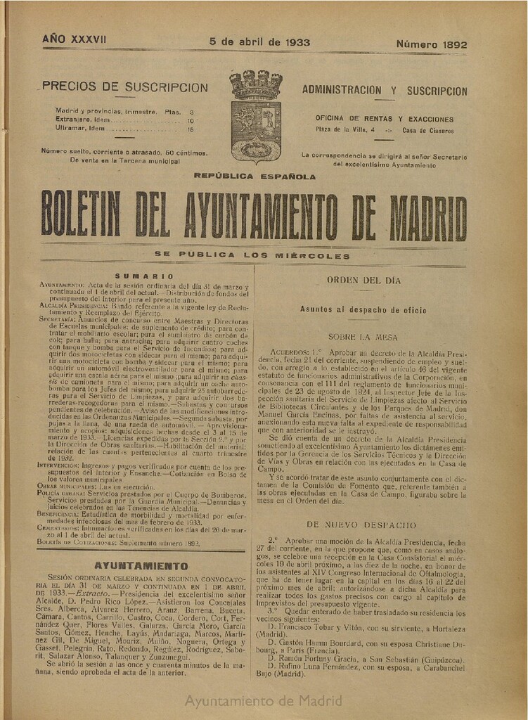 Miniatura de Boletín Oficial del Ayuntamiento de Madrid del 5 de abril de 1933, nº 1892
