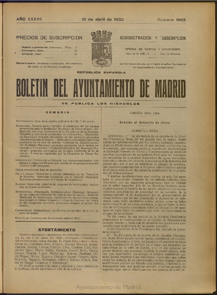 Miniatura de Boletín Oficial del Ayuntamiento de Madrid del 12 de abril de 1933, nº 1893