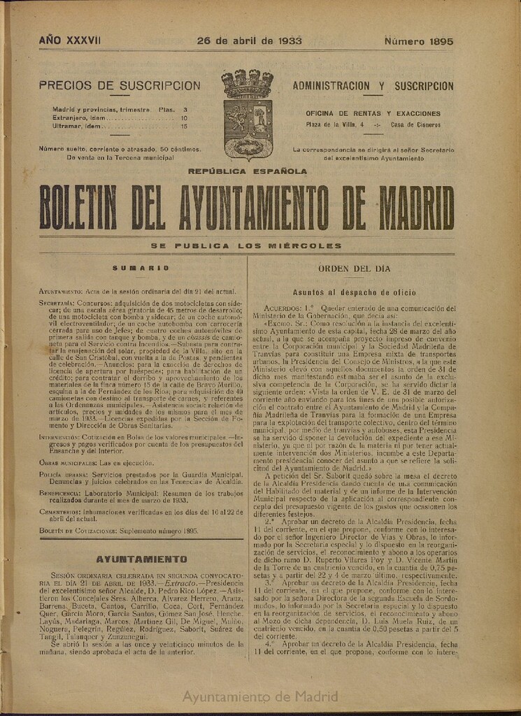 Miniatura de Boletín Oficial del Ayuntamiento de Madrid del 26 de abril de 1933, nº 1895