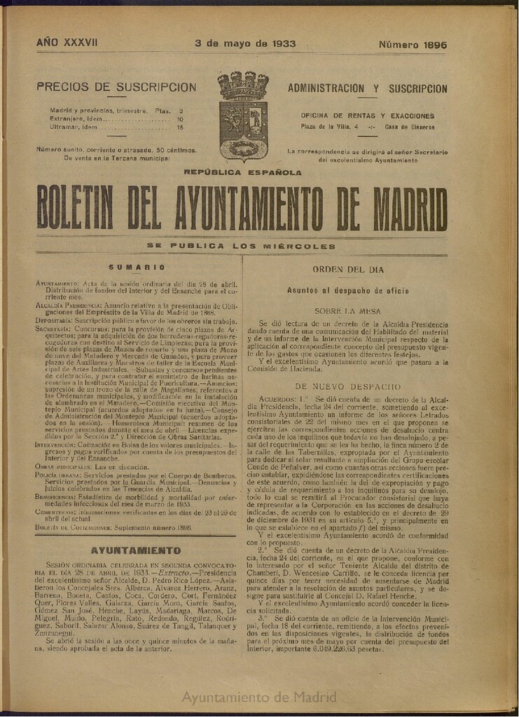 Miniatura de Boletín Oficial del Ayuntamiento de Madrid del 3 de mayo de 1933, nº 1896
