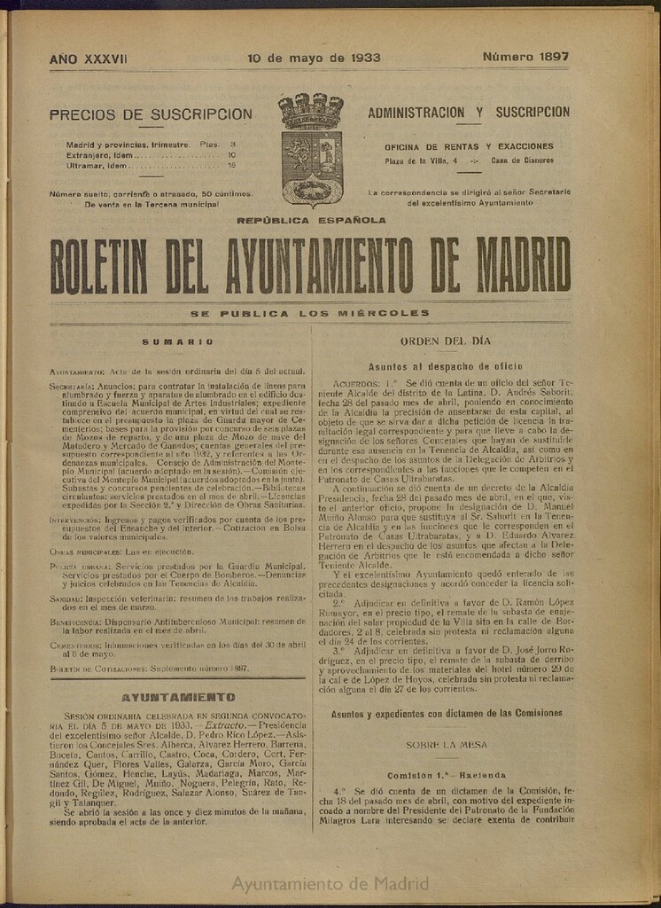 Miniatura de Boletín Oficial del Ayuntamiento de Madrid del 10 de mayo de 1933, nº 1897