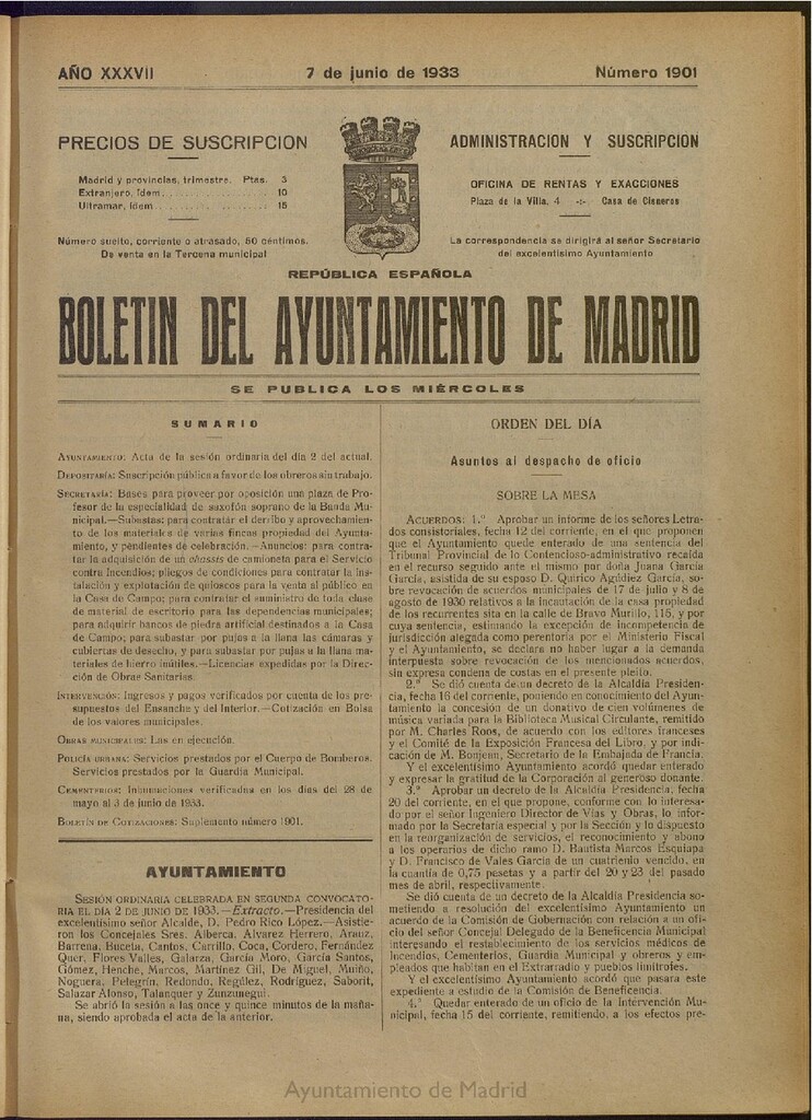 Miniatura de Boletín Oficial del Ayuntamiento de Madrid del 7 de junio de 1933, nº 1901
