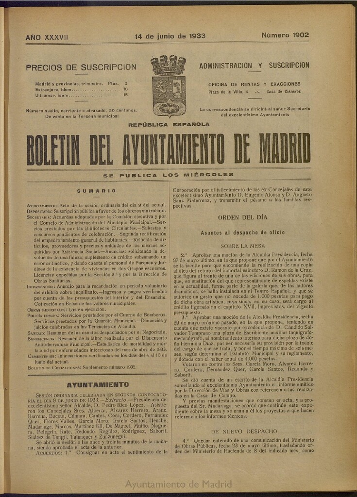 Miniatura de Boletín Oficial del Ayuntamiento de Madrid del 14 de junio de 1933, nº 1902
