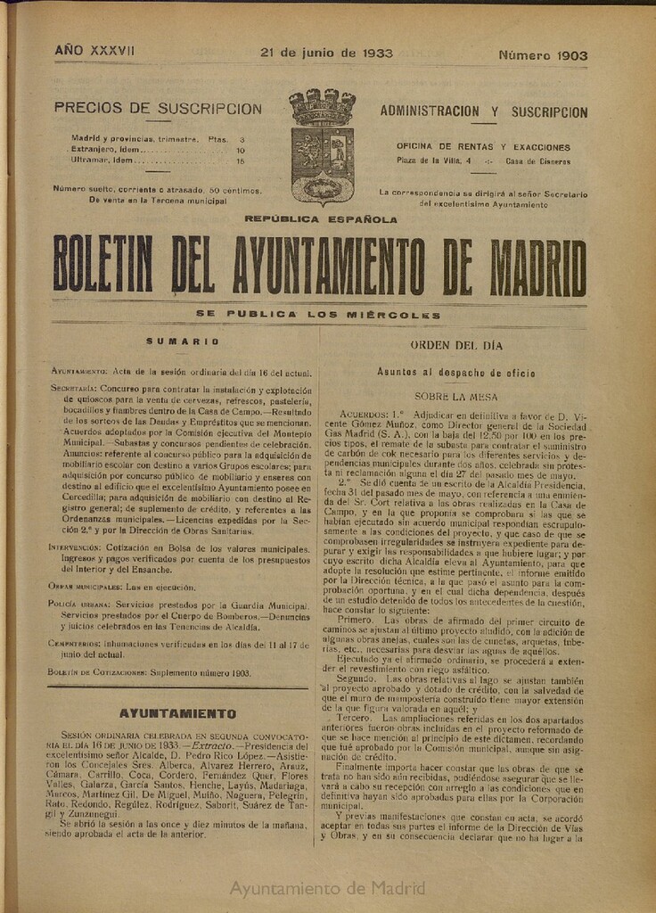 Miniatura de Boletín Oficial del Ayuntamiento de Madrid del 21 de junio de 1933, nº 1903