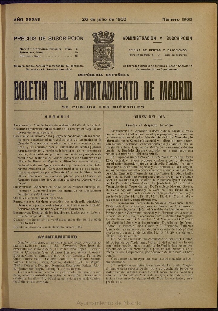 Miniatura de Boletín Oficial del Ayuntamiento de Madrid del 26 de julio de 1933, nº 1908