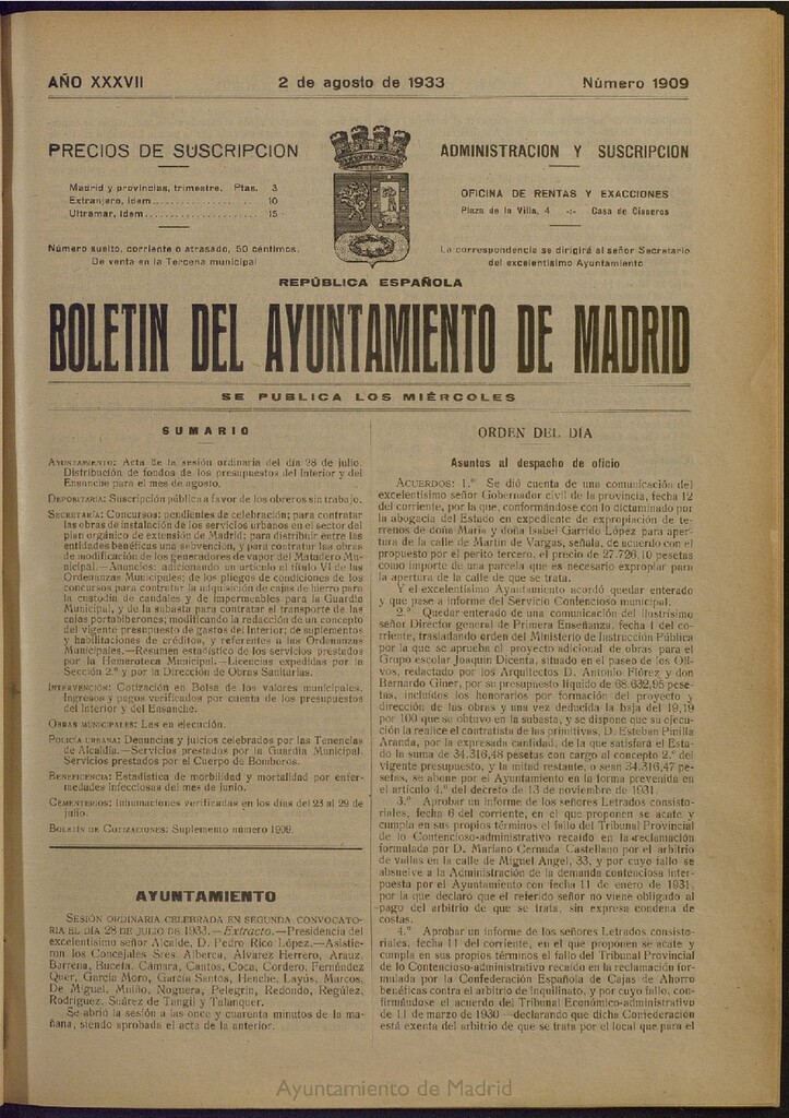 Miniatura de Boletín Oficial del Ayuntamiento de Madrid del 2 de agosto de 1933, nº 1909