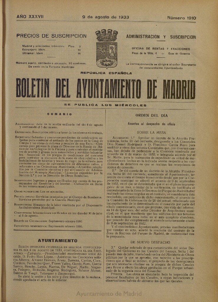 Miniatura de Boletín Oficial del Ayuntamiento de Madrid del 9 de agosto de 1933, nº 1910