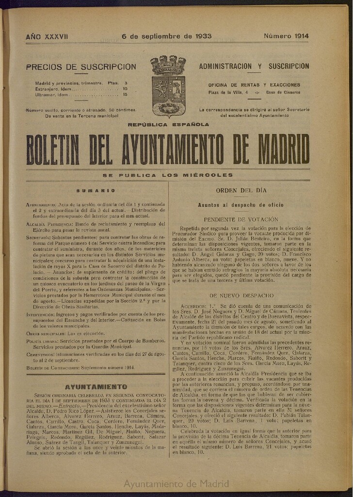 Miniatura de Boletín Oficial del Ayuntamiento de Madrid del 6 de septiembre de 1933, nº 1914