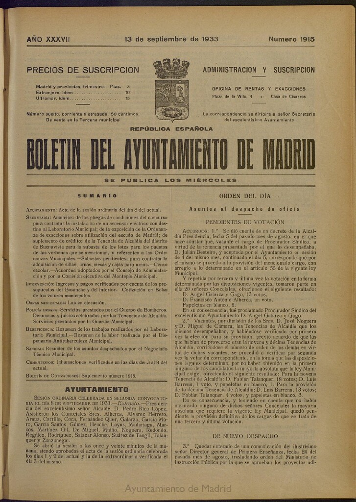 Miniatura de Boletín Oficial del Ayuntamiento de Madrid del 13 de septiembre de 1933, nº 1915
