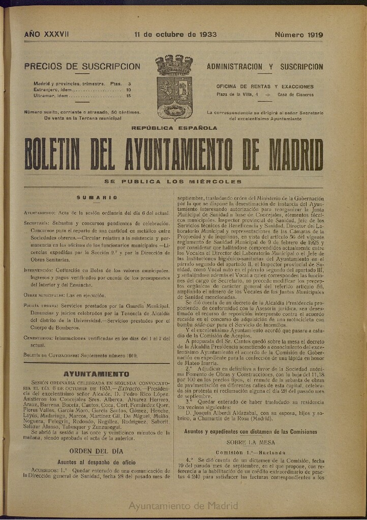 Miniatura de Boletín Oficial del Ayuntamiento de Madrid del 11 de octubre de 1933, nº 1919