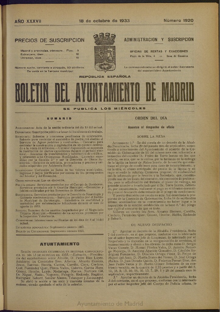 Miniatura de Boletín Oficial del Ayuntamiento de Madrid del 18 de octubre de 1933, nº 1920