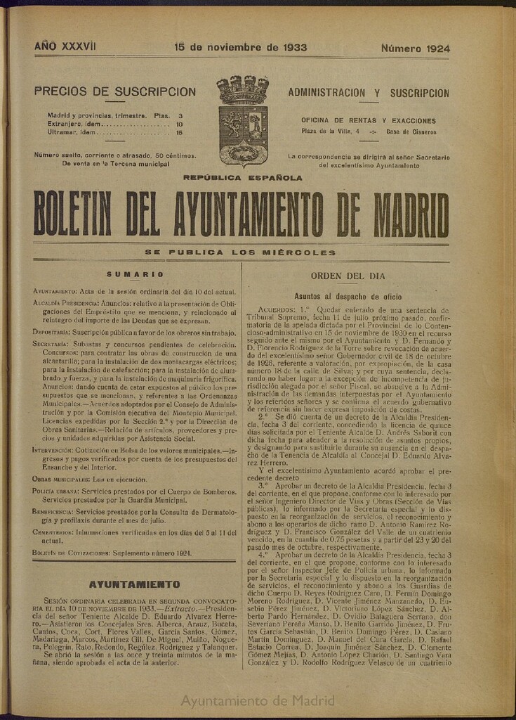 Miniatura de Boletín Oficial del Ayuntamiento de Madrid del 15 de noviembre de 1933, nº 1924