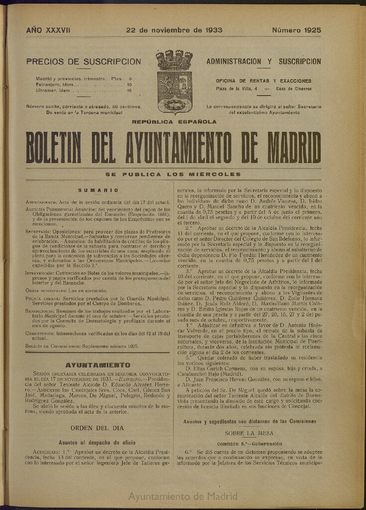 Miniatura de Boletín Oficial del Ayuntamiento de Madrid del 22 de noviembre de 1933, nº 1925