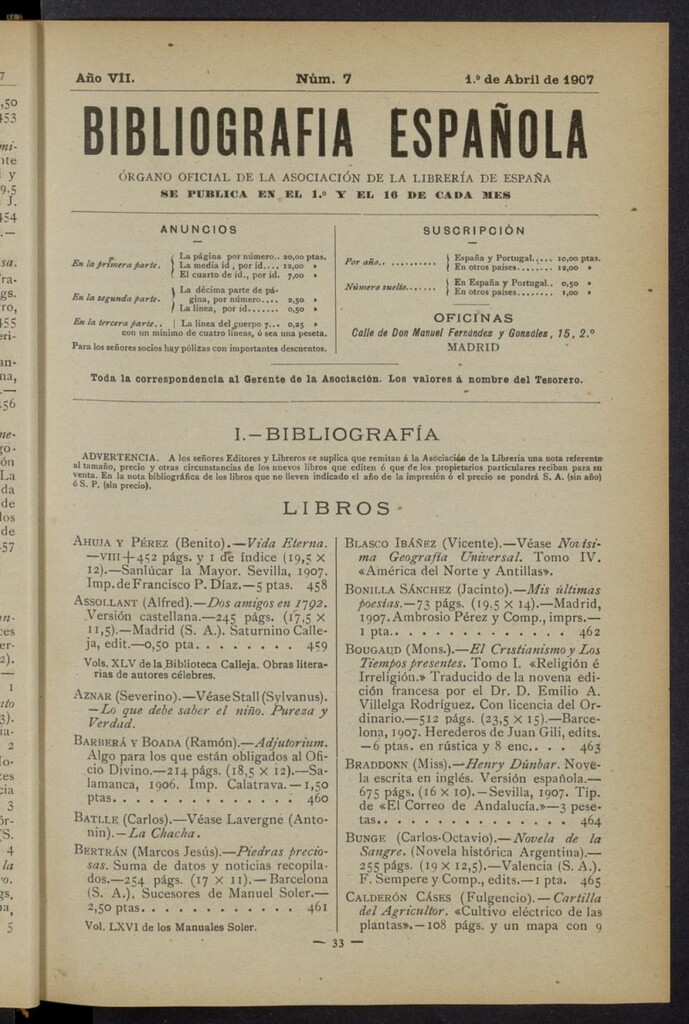 Miniatura de Bibliografía Española del 1 de abril de 1907
