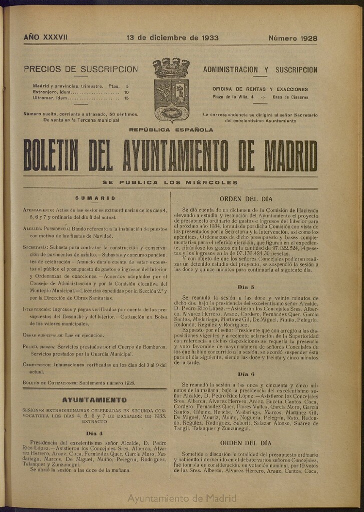Miniatura de Boletín Oficial del Ayuntamiento de Madrid del 13 de diciembre de 1933, nº 1928