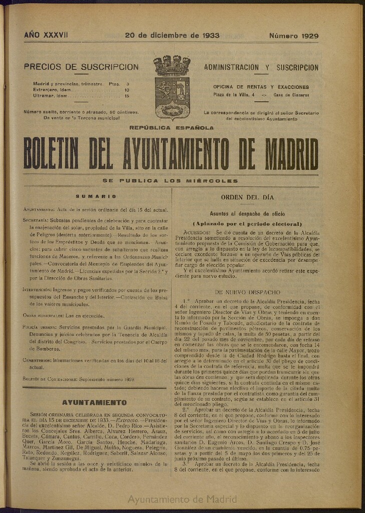 Miniatura de Boletín Oficial del Ayuntamiento de Madrid del 20 de diciembre de 1933, nº 1929