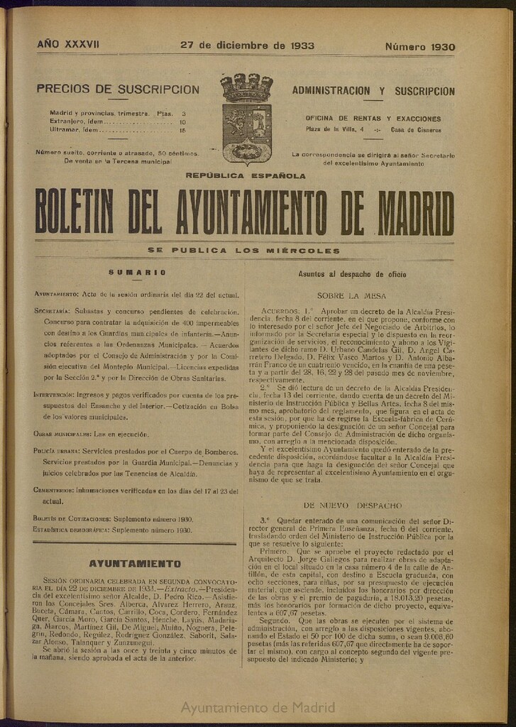 Miniatura de Boletín Oficial del Ayuntamiento de Madrid del 27 de diciembre de 1933, nº 1930