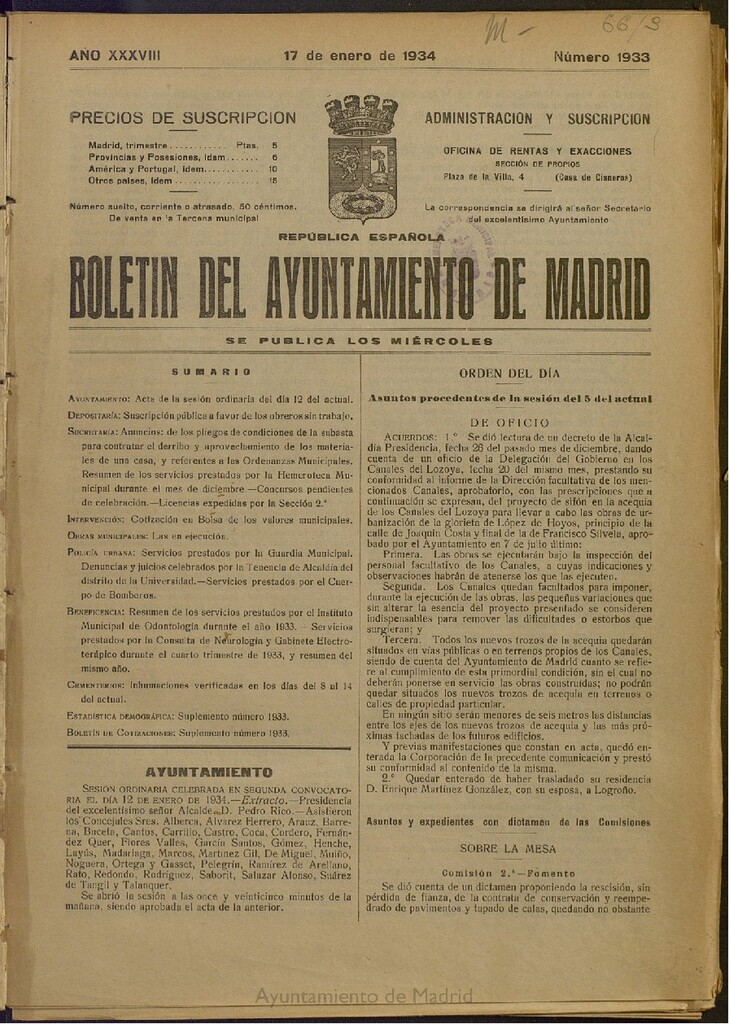 Miniatura de Boletín Oficial del Ayuntamiento de Madrid del 17 de enero de 1934, nº 1933