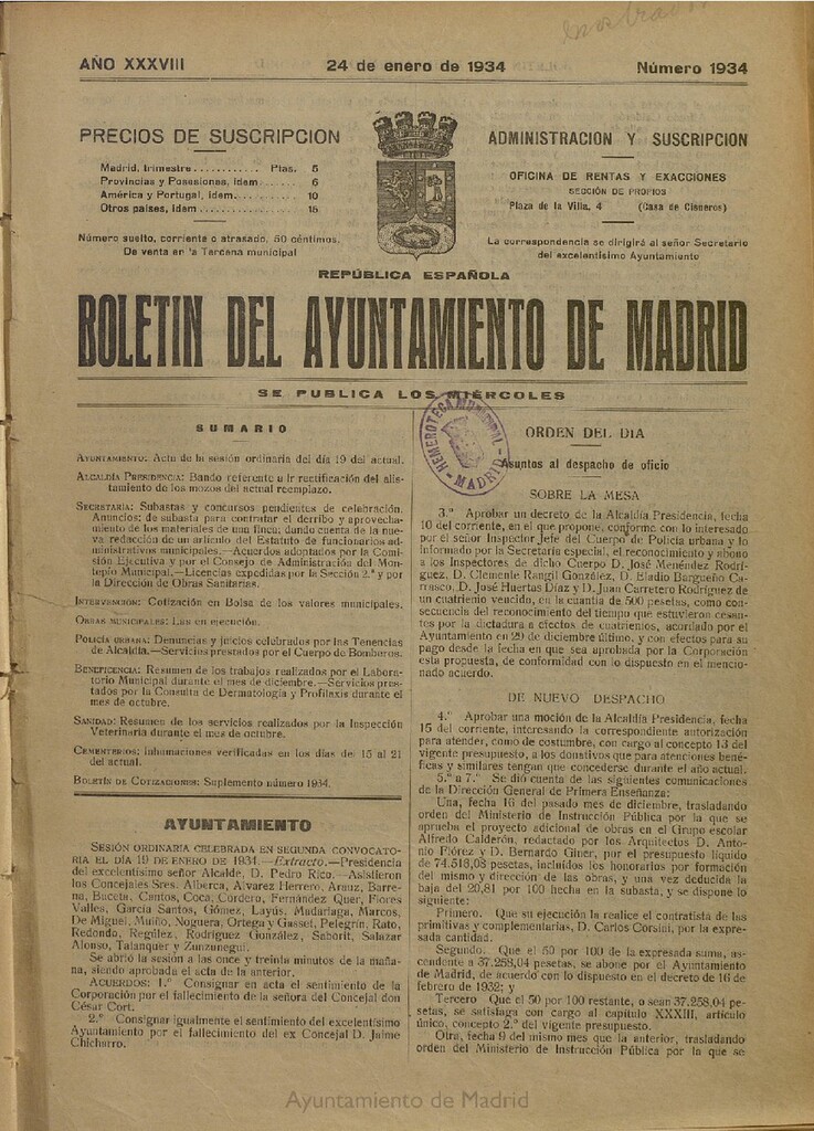 Miniatura de Boletín Oficial del Ayuntamiento de Madrid del 24 de enero de 1934, nº 1934