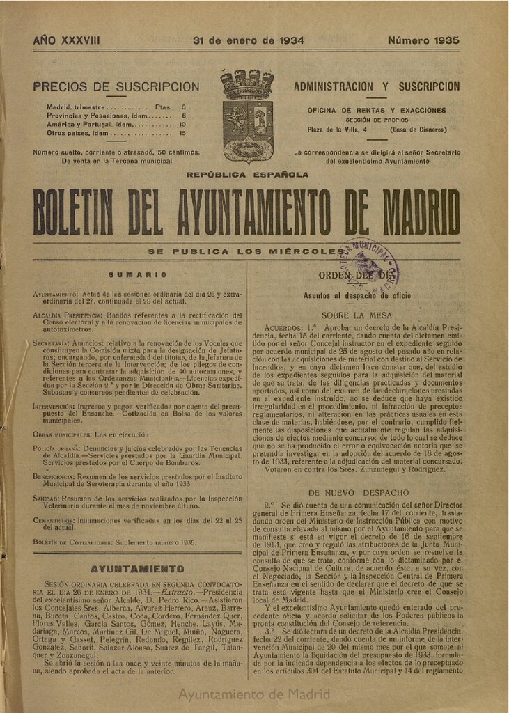Miniatura de Boletín Oficial del Ayuntamiento de Madrid del 31 de enero de 1934, nº 1935