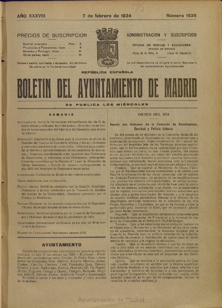Miniatura de Boletín Oficial del Ayuntamiento de Madrid del 7 de febrero de 1934, nº 1936